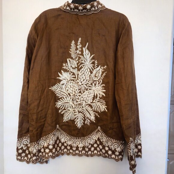 Dana Buchman brown linen top with white embroidery Size 14 - Picture 2 of 4